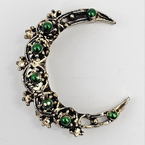 Vintage Signed Gerry Weber Crescent Moon Brooch Pin Gold Tone Green Enamel - Picture 4 of 5